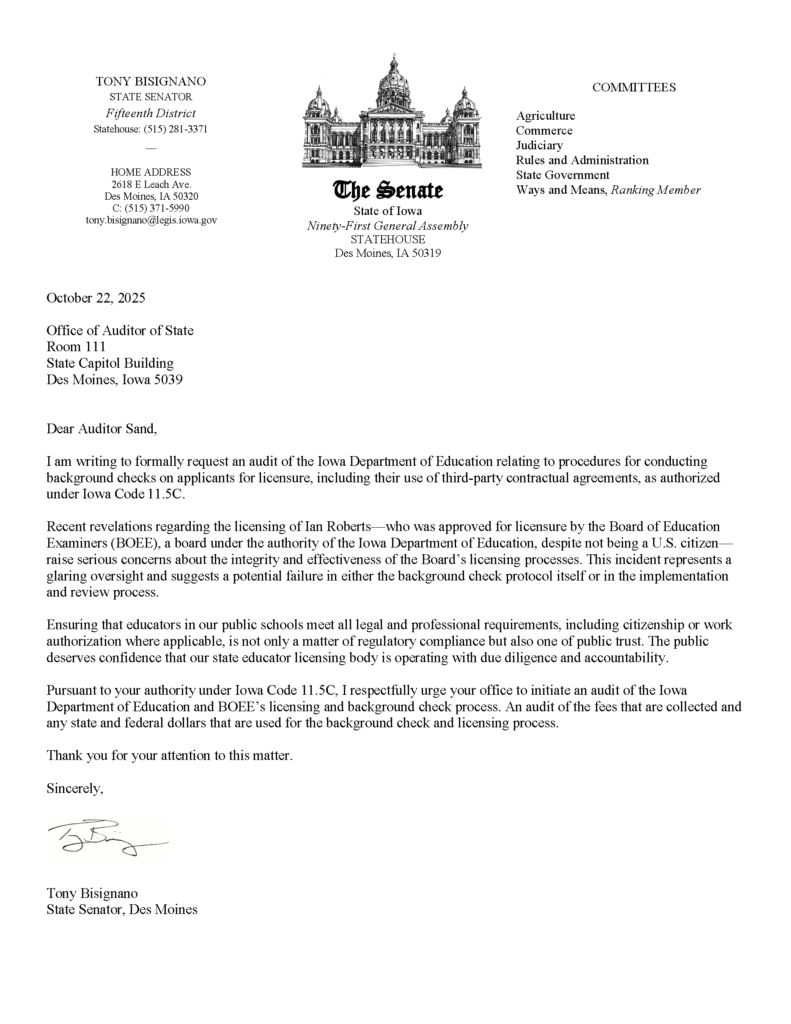 Sen. Bisignano_letter to Auditor to review DE and BOEE background investigation process